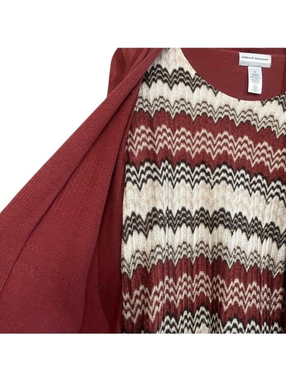 Alfred Dunner Knitwear Cardigan Rust Open Front Chevron Gold Tan Patterned Tank - Picture 13 of 16